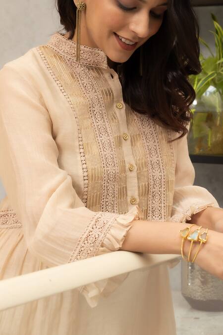 Buy OMI Beige Chanderi, Cotton Lace Mandarin Collar Nora Embellished Tunic With Slip Buy_OMI_Beige Chanderi, Cotton Lace Mandarin Collar Nora Embellished Tunic With Slip