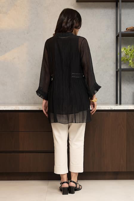 Shop OMI Black Chanderi, Cotton Lace Mandarin Nora Floral Embellished Tunic With Slip at Aza Fashions Shop_OMI_Black Chanderi, Cotton Lace Mandarin Nora Floral Embellished Tunic With Slip _at_Aza_Fashions