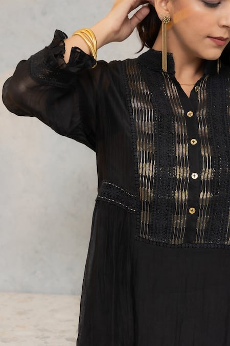 OMI Black Chanderi, Cotton Lace Mandarin Nora Floral Embellished Tunic With Slip Online at Aza Fashions OMI_Black Chanderi, Cotton Lace Mandarin Nora Floral Embellished Tunic With Slip _Online_at_Aza_Fashions