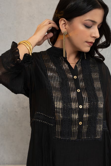 Buy OMI Black Chanderi, Cotton Lace Mandarin Nora Floral Embellished Tunic With Slip Online at Aza Fashions Buy_OMI_Black Chanderi, Cotton Lace Mandarin Nora Floral Embellished Tunic With Slip _Online_at_Aza_Fashions