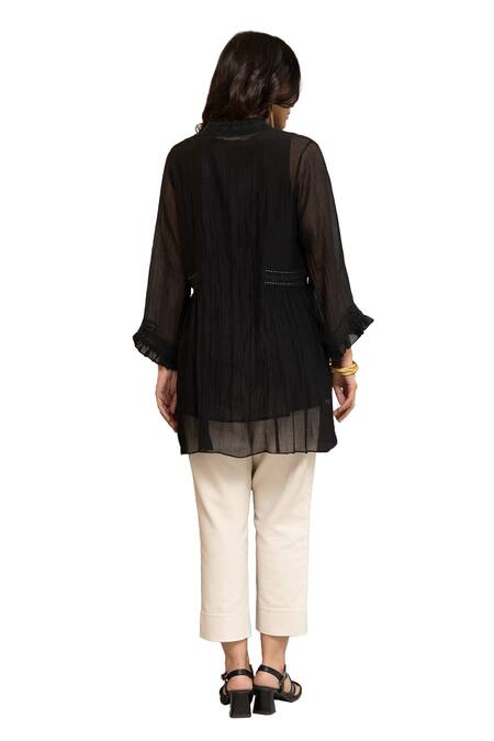 Shop OMI Black Chanderi, Cotton Lace Mandarin Nora Floral Embellished Tunic With Slip Online at Aza Fashions Shop_OMI_Black Chanderi, Cotton Lace Mandarin Nora Floral Embellished Tunic With Slip _Online_at_Aza_Fashions