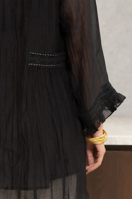 OMI Black Chanderi, Cotton Lace Mandarin Nora Floral Embellished Tunic With Slip at Aza Fashions OMI_Black Chanderi, Cotton Lace Mandarin Nora Floral Embellished Tunic With Slip _at_Aza_Fashions