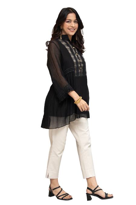Buy OMI Black Chanderi, Cotton Lace Mandarin Nora Floral Embellished Tunic With Slip Buy_OMI_Black Chanderi, Cotton Lace Mandarin Nora Floral Embellished Tunic With Slip