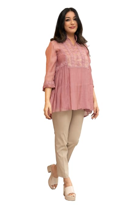 Buy_OMI_Pink Chanderi, Cotton Lace Mandarin Nora Bloom Embellished Tunic With Slip _Online_at_Aza_Fashions