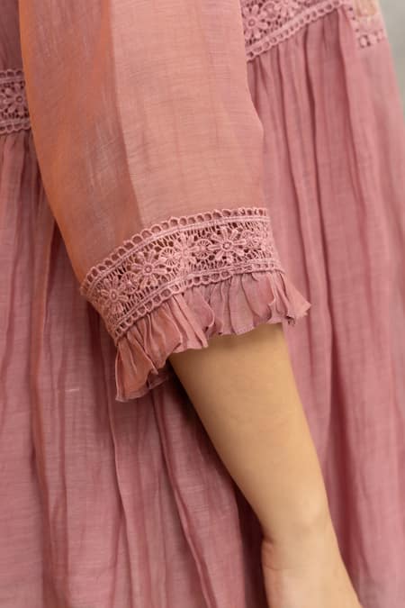 Buy_OMI_Pink Chanderi, Cotton Lace Mandarin Nora Bloom Embellished Tunic With Slip 