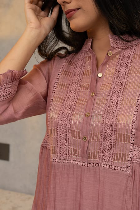 Shop_OMI_Pink Chanderi, Cotton Lace Mandarin Nora Bloom Embellished Tunic With Slip 