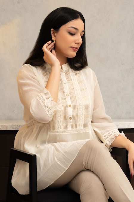 OMI_Off White Chanderi, Cotton Lace Mandarin Nora Fleur Embellished Tunic With Slip _Online_at_Aza_Fashions