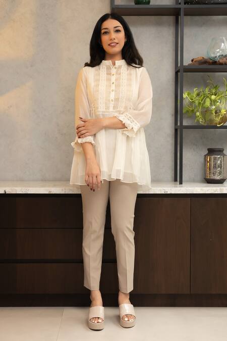 Buy_OMI_Off White Chanderi, Cotton Lace Mandarin Nora Fleur Embellished Tunic With Slip _Online_at_Aza_Fashions
