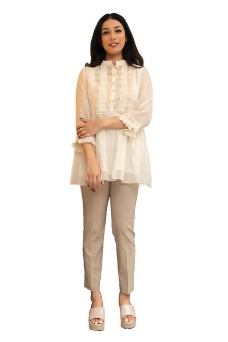 Shop_OMI_Off White Chanderi, Cotton Lace Mandarin Nora Fleur Embellished Tunic With Slip _Online_at_Aza_Fashions