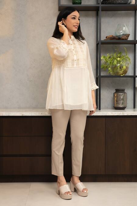 OMI_Off White Chanderi, Cotton Lace Mandarin Nora Fleur Embellished Tunic With Slip _at_Aza_Fashions
