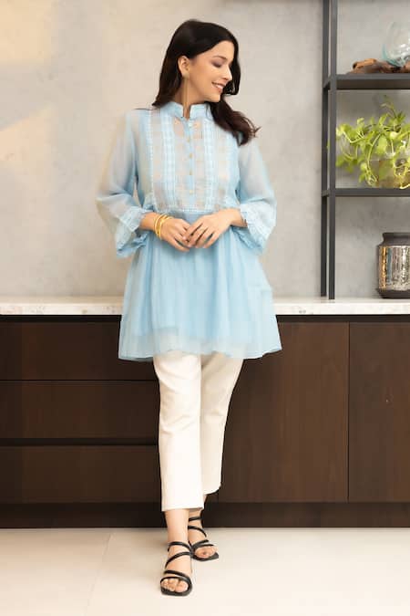 Shop OMI Blue Chanderi, Cotton Lace Mandarin Nora Flora Embellished Tunic With Slip at Aza Fashions Shop_OMI_Blue Chanderi, Cotton Lace Mandarin Nora Flora Embellished Tunic With Slip _at_Aza_Fashions