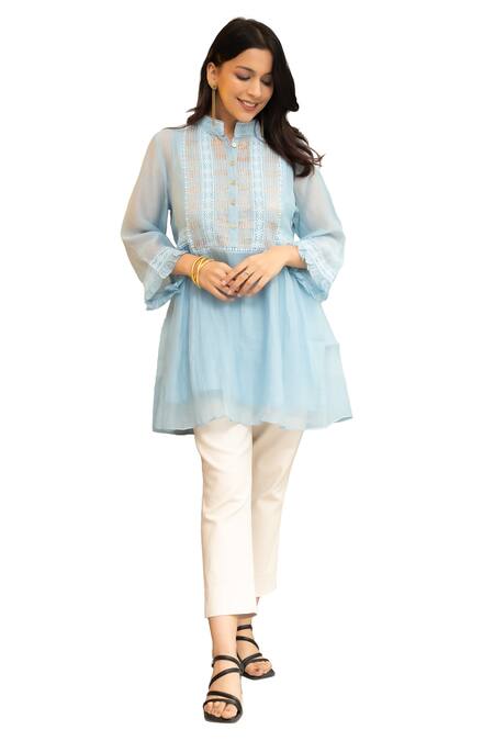 OMI Blue Chanderi, Cotton Lace Mandarin Nora Flora Embellished Tunic With Slip Online at Aza Fashions OMI_Blue Chanderi, Cotton Lace Mandarin Nora Flora Embellished Tunic With Slip _Online_at_Aza_Fashions
