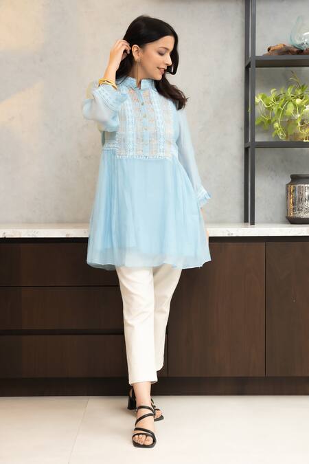 Buy OMI Blue Chanderi, Cotton Lace Mandarin Nora Flora Embellished Tunic With Slip Online at Aza Fashions Buy_OMI_Blue Chanderi, Cotton Lace Mandarin Nora Flora Embellished Tunic With Slip _Online_at_Aza_Fashions