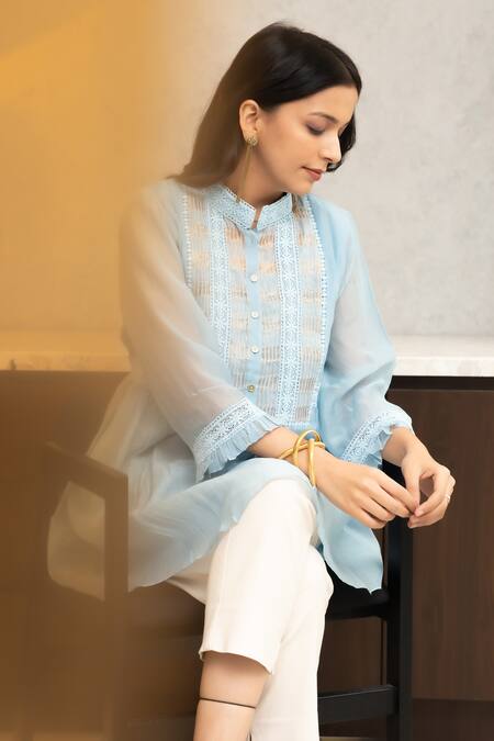 Shop OMI Blue Chanderi, Cotton Lace Mandarin Nora Flora Embellished Tunic With Slip Online at Aza Fashions Shop_OMI_Blue Chanderi, Cotton Lace Mandarin Nora Flora Embellished Tunic With Slip _Online_at_Aza_Fashions