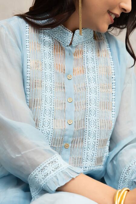 OMI Blue Chanderi, Cotton Lace Mandarin Nora Flora Embellished Tunic With Slip at Aza Fashions OMI_Blue Chanderi, Cotton Lace Mandarin Nora Flora Embellished Tunic With Slip _at_Aza_Fashions