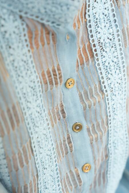 Buy OMI Blue Chanderi, Cotton Lace Mandarin Nora Flora Embellished Tunic With Slip Buy_OMI_Blue Chanderi, Cotton Lace Mandarin Nora Flora Embellished Tunic With Slip