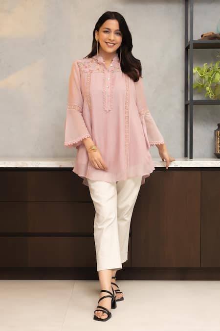 OMI Pink Chanderi, Cotton Embroidery Mandarin Pero Floral Print Shoulder Yoke Tunic Online at Aza Fashions OMI_Pink Chanderi, Cotton Embroidery Mandarin Pero Floral Print Shoulder Yoke Tunic _Online_at_Aza_Fashions