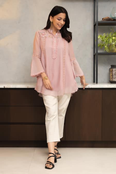 Buy OMI Pink Chanderi, Cotton Embroidery Mandarin Pero Floral Print Shoulder Yoke Tunic Online at Aza Fashions Buy_OMI_Pink Chanderi, Cotton Embroidery Mandarin Pero Floral Print Shoulder Yoke Tunic _Online_at_Aza_Fashions
