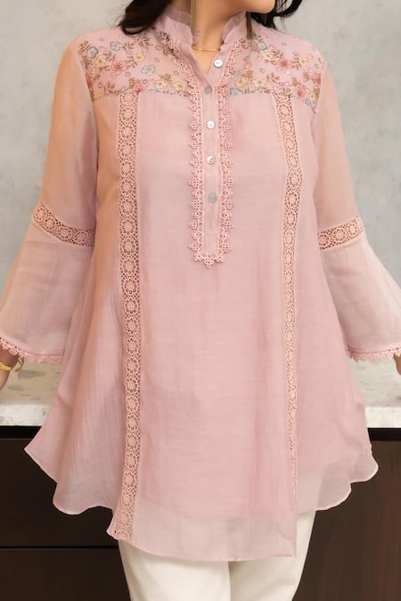 Shop OMI Pink Chanderi, Cotton Embroidery Mandarin Pero Floral Print Shoulder Yoke Tunic Online at Aza Fashions Shop_OMI_Pink Chanderi, Cotton Embroidery Mandarin Pero Floral Print Shoulder Yoke Tunic _Online_at_Aza_Fashions
