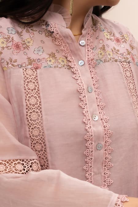 OMI Pink Chanderi, Cotton Embroidery Mandarin Pero Floral Print Shoulder Yoke Tunic at Aza Fashions OMI_Pink Chanderi, Cotton Embroidery Mandarin Pero Floral Print Shoulder Yoke Tunic _at_Aza_Fashions