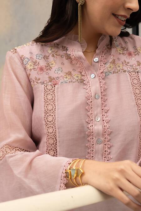 Buy OMI Pink Chanderi, Cotton Embroidery Mandarin Pero Floral Print Shoulder Yoke Tunic Buy_OMI_Pink Chanderi, Cotton Embroidery Mandarin Pero Floral Print Shoulder Yoke Tunic