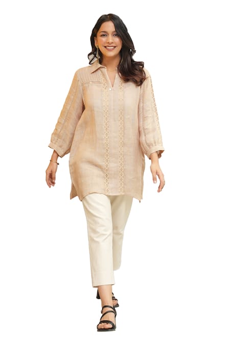 Buy OMI Beige Linen Lace Collared Riso Floral Embellished Tunic Online at Aza Fashions Buy_OMI_Beige Linen Lace Collared Riso Floral Embellished Tunic _Online_at_Aza_Fashions