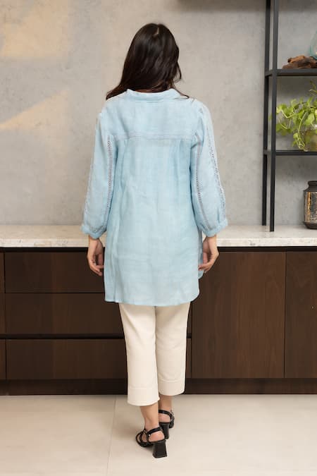 Shop OMI Blue Linen Lace Collared Riso Bloom Embellished Tunic at Aza Fashions Shop_OMI_Blue Linen Lace Collared Riso Bloom Embellished Tunic _at_Aza_Fashions