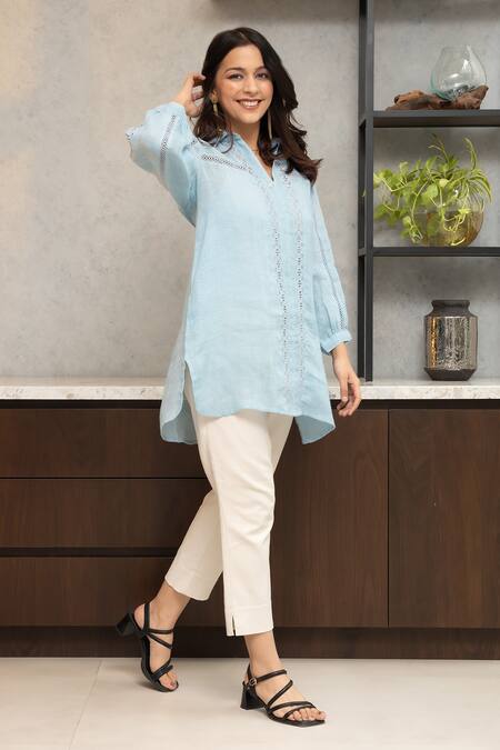 OMI Blue Linen Lace Collared Riso Bloom Embellished Tunic Online at Aza Fashions OMI_Blue Linen Lace Collared Riso Bloom Embellished Tunic _Online_at_Aza_Fashions