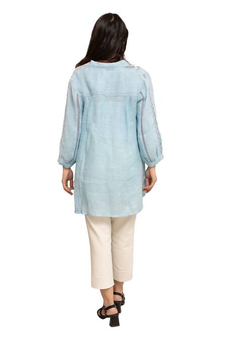 Buy OMI Blue Linen Lace Collared Riso Bloom Embellished Tunic Online at Aza Fashions Buy_OMI_Blue Linen Lace Collared Riso Bloom Embellished Tunic _Online_at_Aza_Fashions