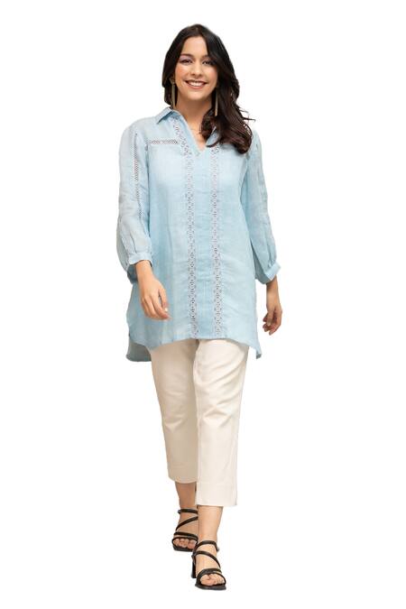 OMI Blue Linen Lace Collared Riso Bloom Embellished Tunic at Aza Fashions OMI_Blue Linen Lace Collared Riso Bloom Embellished Tunic _at_Aza_Fashions