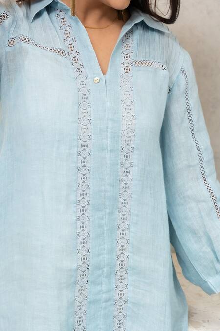 Shop OMI Blue Linen Lace Collared Riso Bloom Embellished Tunic Shop_OMI_Blue Linen Lace Collared Riso Bloom Embellished Tunic