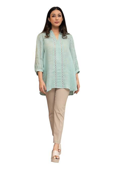 OMI_Green Linen Lace Collared Riso Blossom Embellished Tunic _Online_at_Aza_Fashions