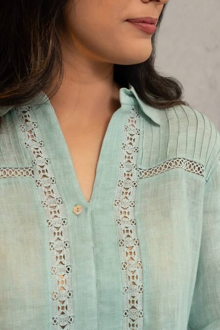 Shop_OMI_Green Linen Lace Collared Riso Blossom Embellished Tunic _Online_at_Aza_Fashions