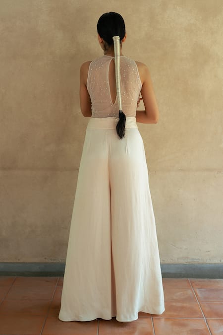 Shop PIRI INDIA White Organza, Tulle, Denim Naoura Applique Embellished Sheer Top With Palazzo at Aza Fashions Shop_PIRI INDIA_White Organza, Tulle, Denim Naoura Applique Embellished Sheer Top With Palazzo _at_Aza_Fashions