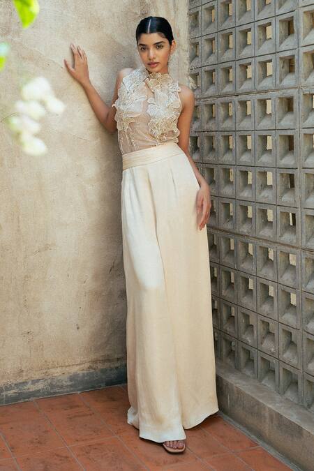 Buy PIRI INDIA White Organza, Tulle, Denim Naoura Applique Embellished Sheer Top With Palazzo Online at Aza Fashions Buy_PIRI INDIA_White Organza, Tulle, Denim Naoura Applique Embellished Sheer Top With Palazzo _Online_at_Aza_Fashions