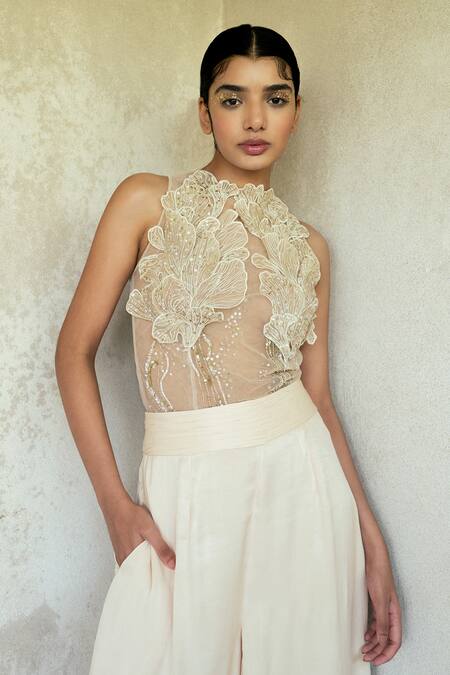 PIRI INDIA White Organza, Tulle, Denim Naoura Applique Embellished Sheer Top With Palazzo at Aza Fashions PIRI INDIA_White Organza, Tulle, Denim Naoura Applique Embellished Sheer Top With Palazzo _at_Aza_Fashions