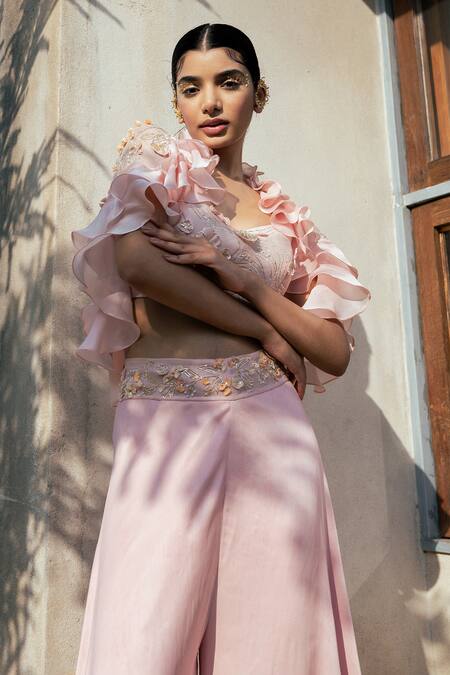 Shop PIRI INDIA Pink Satin, Organza, Crepe Sequins, Beads Dusk Applique Ruffle Cape Palazzo Set Online at Aza Fashions Shop_PIRI INDIA_Pink Satin, Organza, Crepe Sequins, Beads Dusk Applique Ruffle Cape Palazzo Set _Online_at_Aza_Fashions