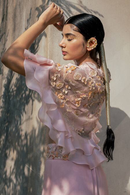 PIRI INDIA Pink Satin, Organza, Crepe Sequins, Beads Dusk Applique Ruffle Cape Palazzo Set at Aza Fashions PIRI INDIA_Pink Satin, Organza, Crepe Sequins, Beads Dusk Applique Ruffle Cape Palazzo Set _at_Aza_Fashions