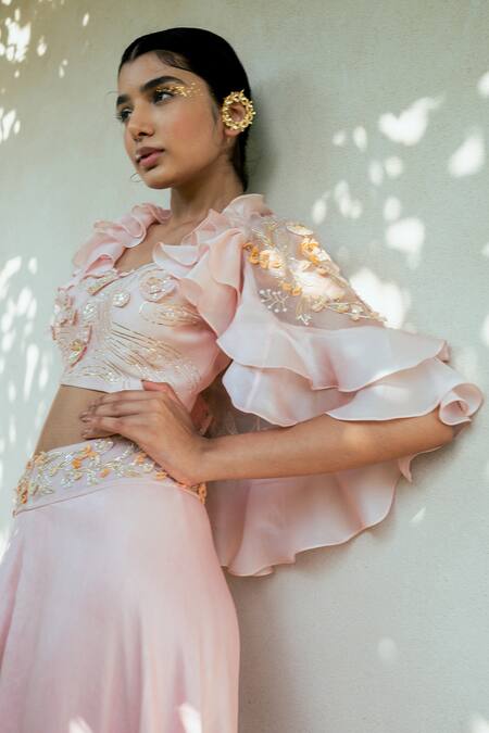 Buy PIRI INDIA Pink Satin, Organza, Crepe Sequins, Beads Dusk Applique Ruffle Cape Palazzo Set Buy_PIRI INDIA_Pink Satin, Organza, Crepe Sequins, Beads Dusk Applique Ruffle Cape Palazzo Set