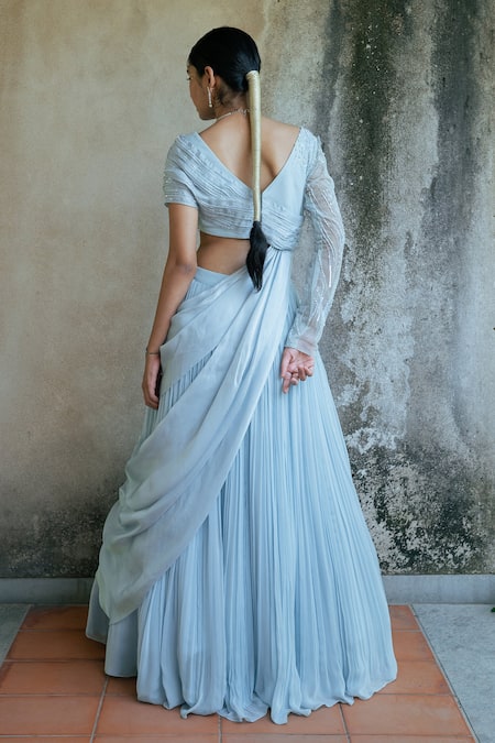 Shop_PIRI INDIA_Blue Tulle, Satin, Georgette Sequins, Avaya Pleated Lehenga With Draped Blouse _at_Aza_Fashions