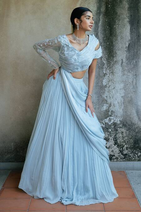 PIRI INDIA_Blue Tulle, Satin, Georgette Sequins, Avaya Pleated Lehenga With Draped Blouse _Online_at_Aza_Fashions
