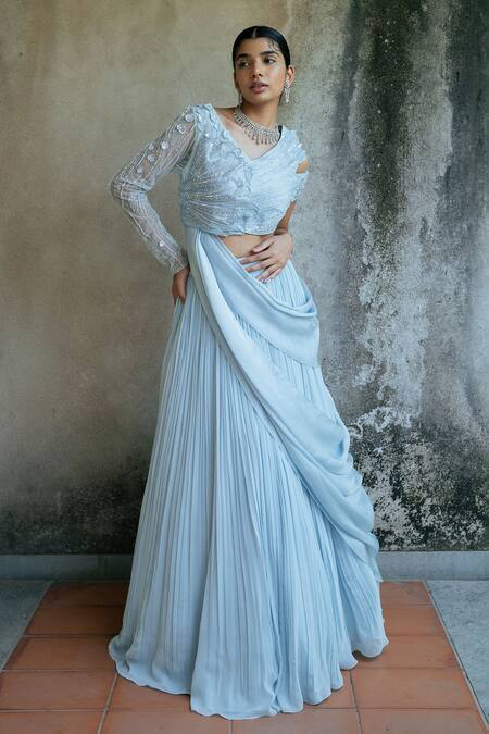 Buy_PIRI INDIA_Blue Tulle, Satin, Georgette Sequins, Avaya Pleated Lehenga With Draped Blouse _Online_at_Aza_Fashions