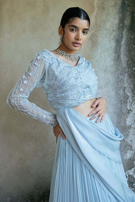 Shop_PIRI INDIA_Blue Tulle, Satin, Georgette Sequins, Avaya Pleated Lehenga With Draped Blouse _Online_at_Aza_Fashions