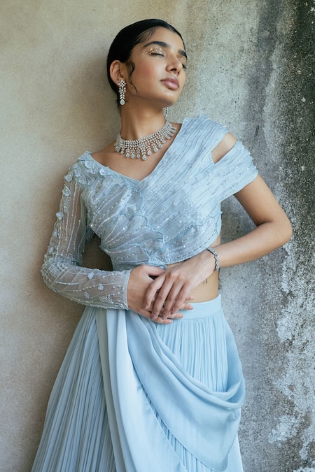 PIRI INDIA_Blue Tulle, Satin, Georgette Sequins, Avaya Pleated Lehenga With Draped Blouse _at_Aza_Fashions