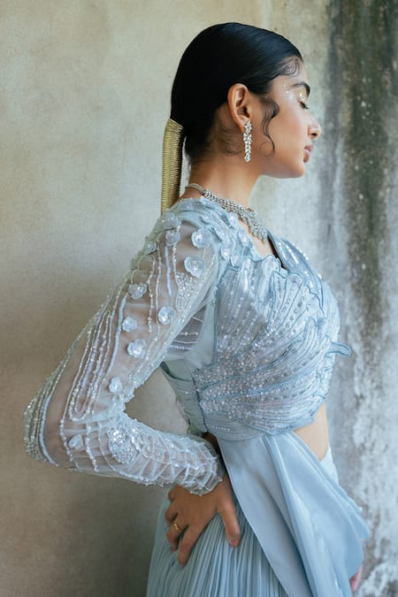 Buy_PIRI INDIA_Blue Tulle, Satin, Georgette Sequins, Avaya Pleated Lehenga With Draped Blouse 