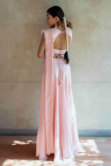 Shop PIRI INDIA Pink Chanderi, Georgette Embroidery, Solid Pre-draped Saree Blouse Set at Aza Fashions Shop_PIRI INDIA_Pink Chanderi, Georgette Embroidery, Solid Pre-draped Saree Blouse Set _at_Aza_Fashions