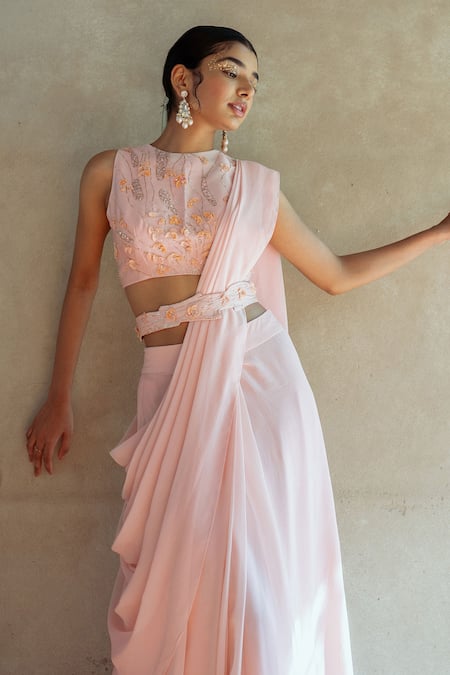 PIRI INDIA Pink Chanderi, Georgette Embroidery, Solid Pre-draped Saree Blouse Set Online at Aza Fashions PIRI INDIA_Pink Chanderi, Georgette Embroidery, Solid Pre-draped Saree Blouse Set _Online_at_Aza_Fashions