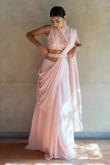 Buy PIRI INDIA Pink Chanderi, Georgette Embroidery, Solid Pre-draped Saree Blouse Set Online at Aza Fashions Buy_PIRI INDIA_Pink Chanderi, Georgette Embroidery, Solid Pre-draped Saree Blouse Set _Online_at_Aza_Fashions