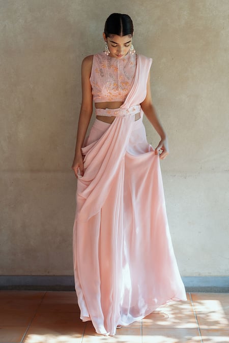 Shop PIRI INDIA Pink Chanderi, Georgette Embroidery, Solid Pre-draped Saree Blouse Set Online at Aza Fashions Shop_PIRI INDIA_Pink Chanderi, Georgette Embroidery, Solid Pre-draped Saree Blouse Set _Online_at_Aza_Fashions