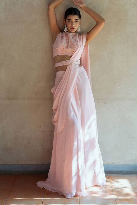 PIRI INDIA Pink Chanderi, Georgette Embroidery, Solid Pre-draped Saree Blouse Set at Aza Fashions PIRI INDIA_Pink Chanderi, Georgette Embroidery, Solid Pre-draped Saree Blouse Set _at_Aza_Fashions